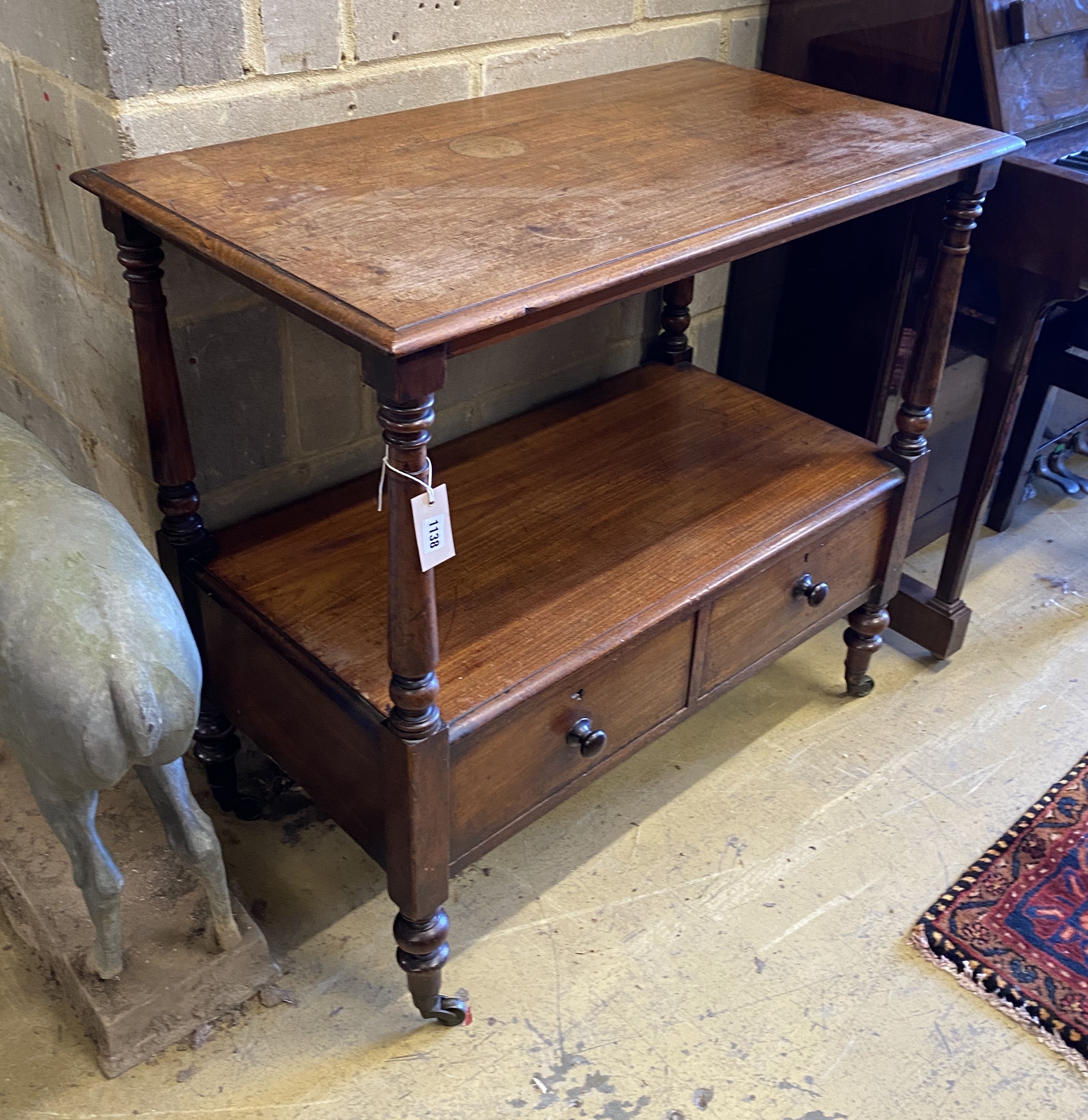 A Victorian mahogany two tier buffet, marked S B Clark, Portland Place, width 91cm, depth 50cm, height 87cm